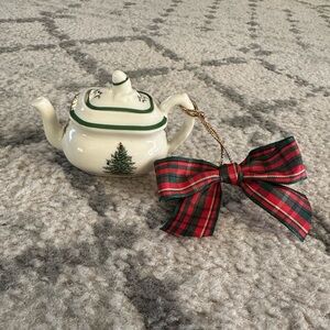Spode Festive Teapot Ornament with Red Plaid Bow
